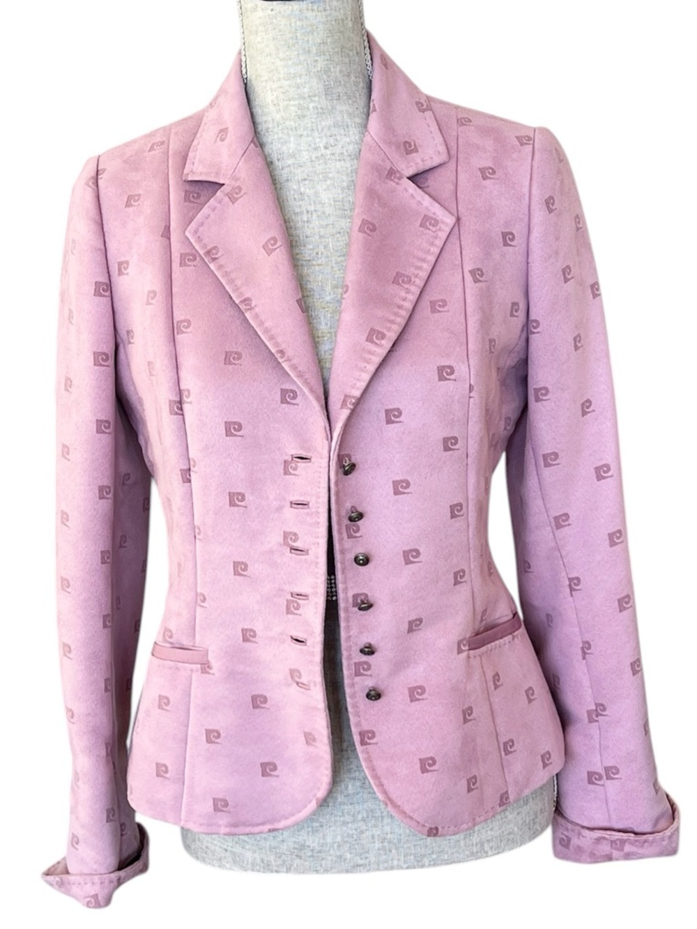 Pierre Cardin Vintage Mauve Pink Faux Suede Logo-Print Tailored Blazer Small